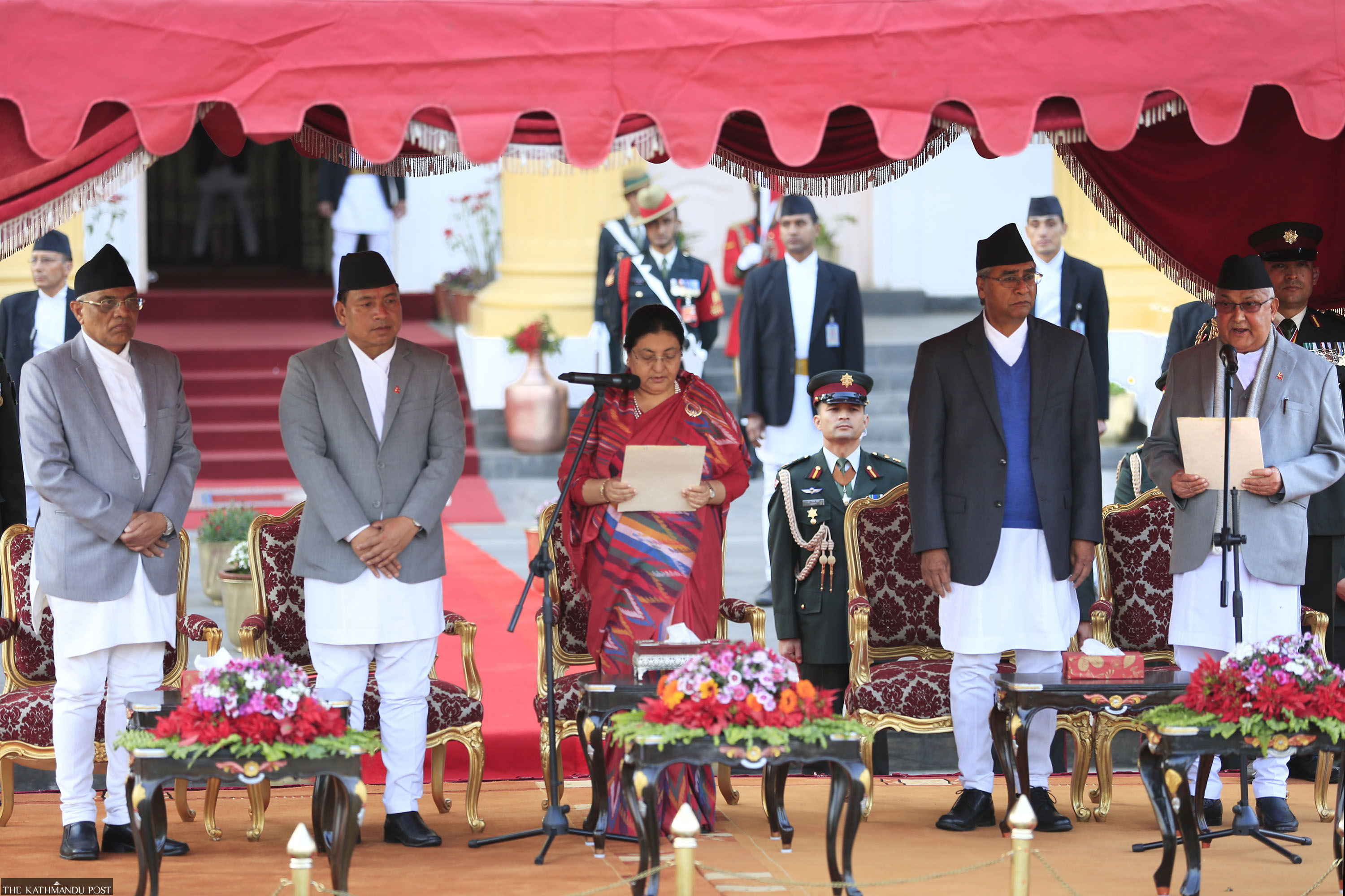 Then President Bidya Devi Bhandari conferring the credential to Oli as Prime Minister.