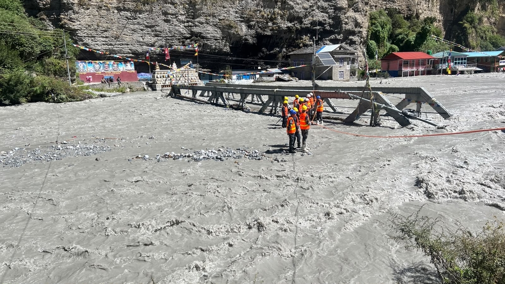 Flood-swollen Marsyangdi river cuts off Upper Manang